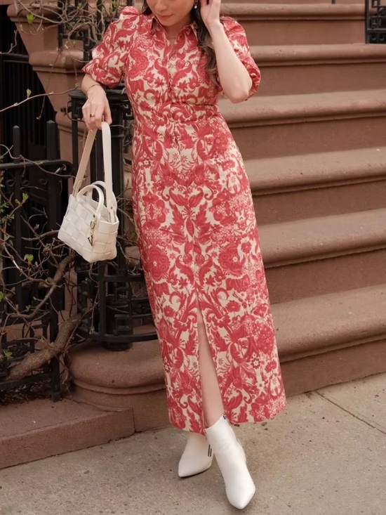 Sezane Dresses & Skirts - Sezane Red and Cream Floral Midi Dress with Front Slit